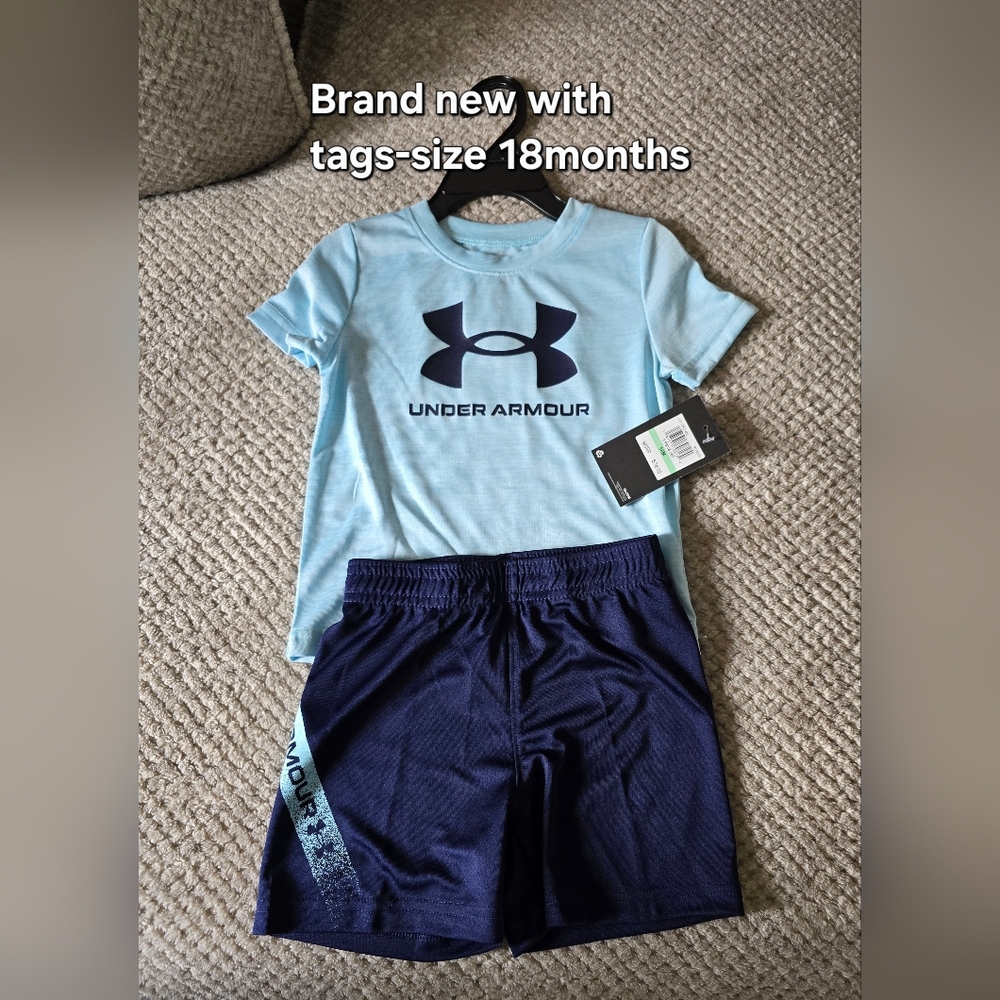 Under Armour Light Blue Tee with Navy Logo & Navy Shorts